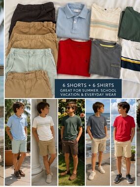 Zara Kids Shorts and Tees Set in Red, Light Blue, Tan, Brown, Gray, Cream